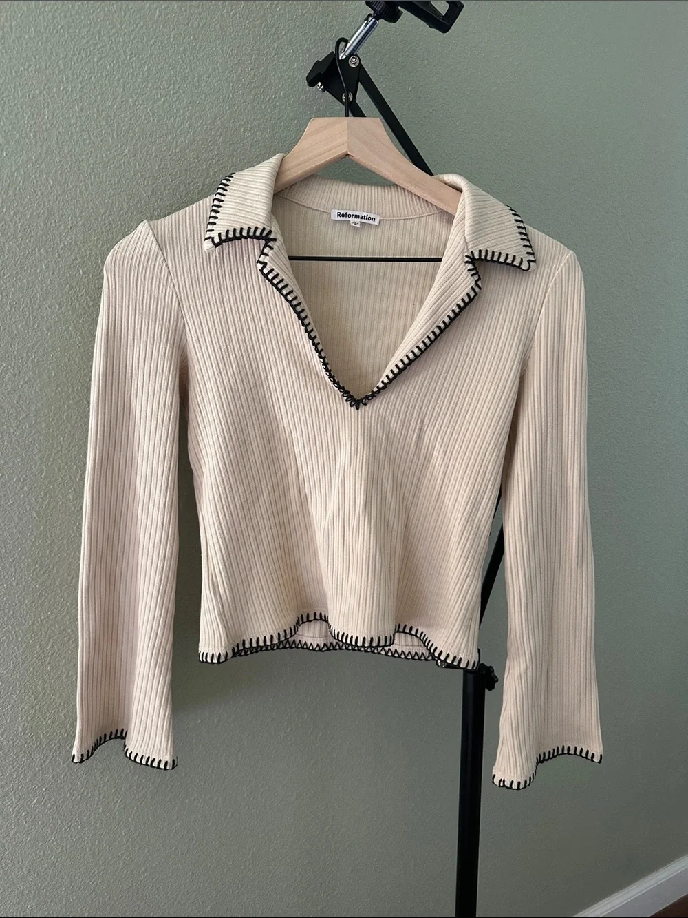 Reformation Cream Ribbed V-Neck collared sweater